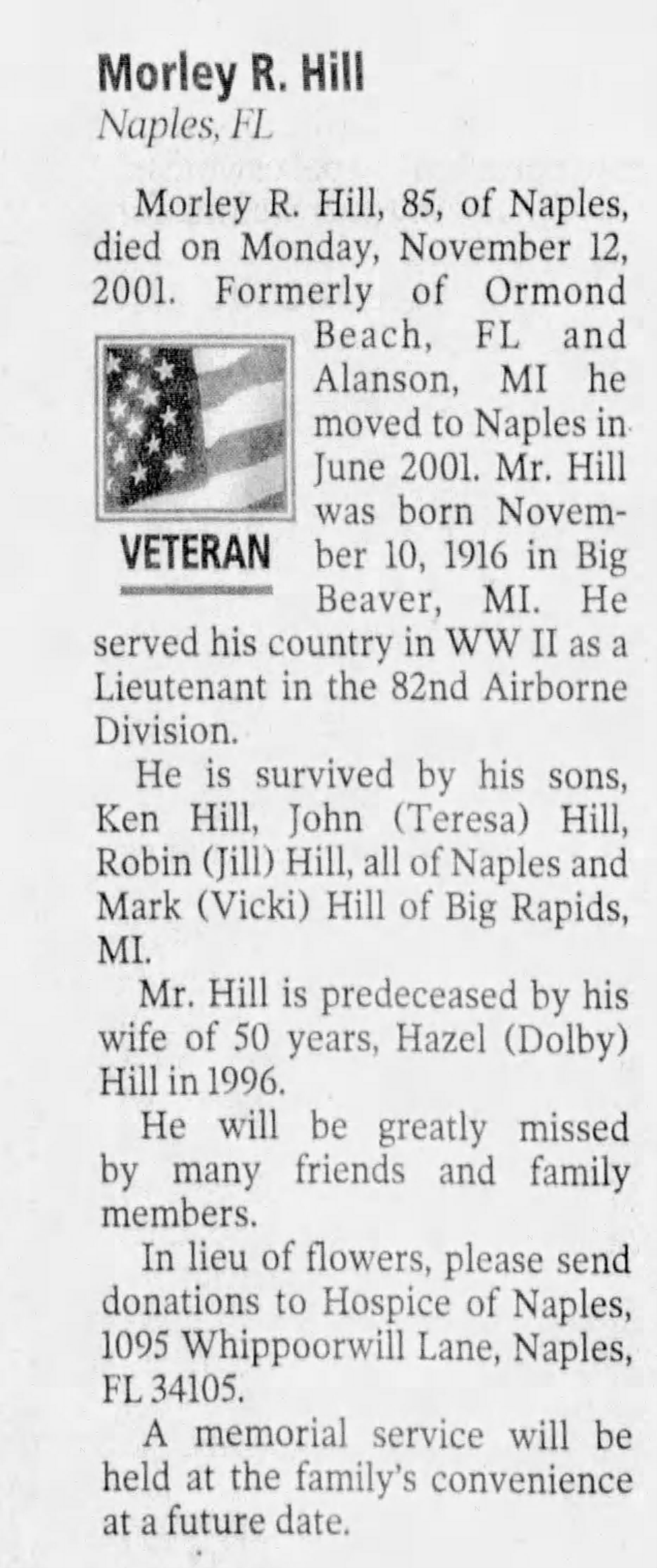 2nd Lt. Morely R. Hill, I company